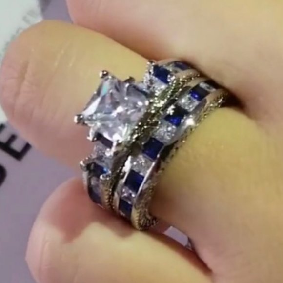 NEW 925 Sterling Silver Princess Cut Sapphire Ring - Picture 2 of 13